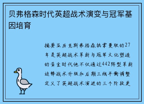 贝弗格森时代英超战术演变与冠军基因培育